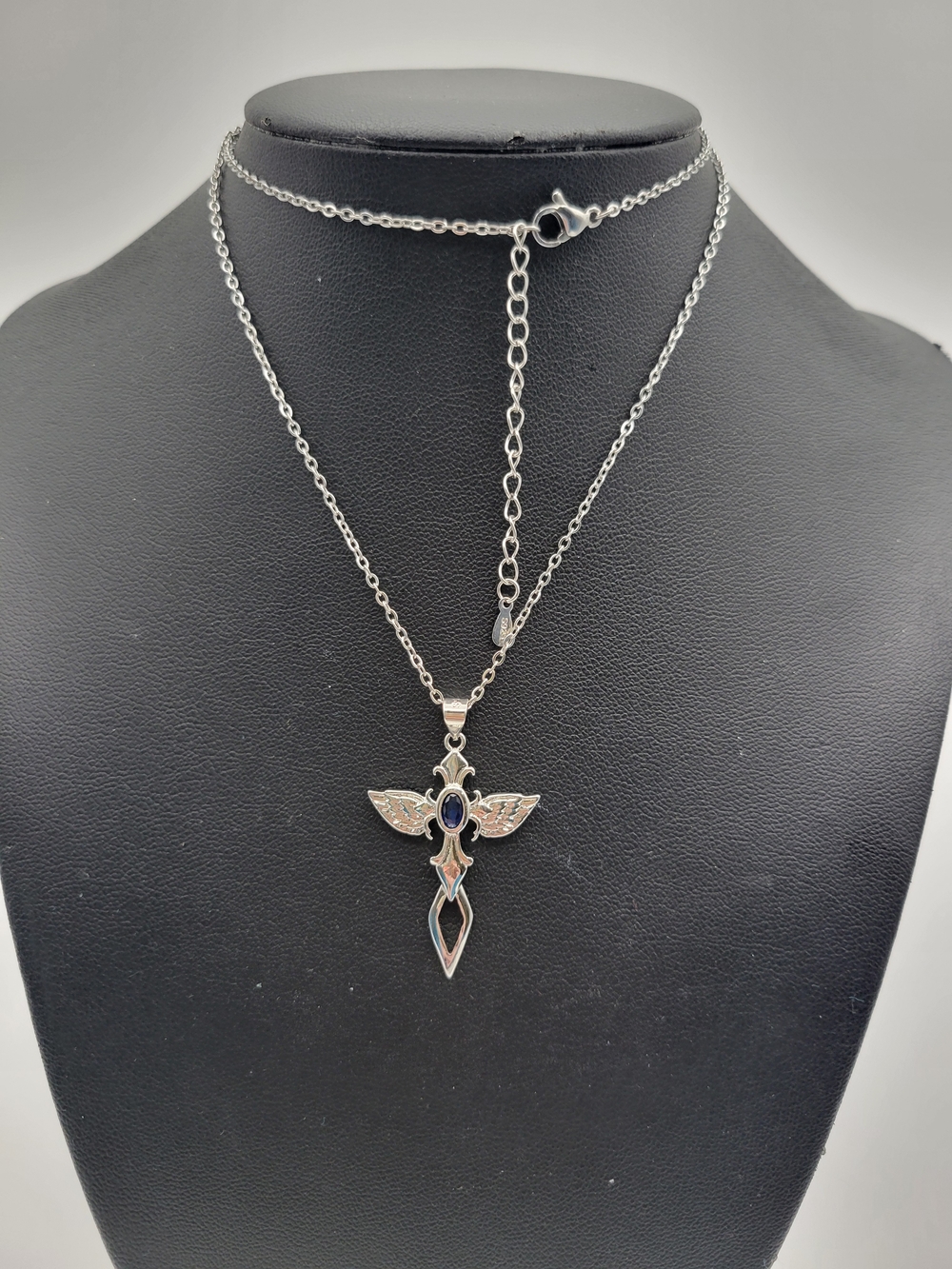 S925 Sterling Silver Angel Wing Cross Necklace with Blue Stone